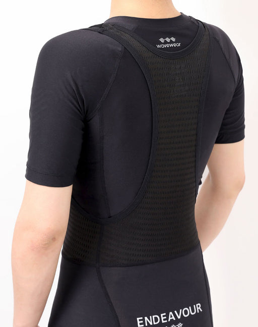 Women's Endeavor Cycling Bibshorts back close-up showing breathable mesh bib jersey with WaveWear logo and Endeavour branding
