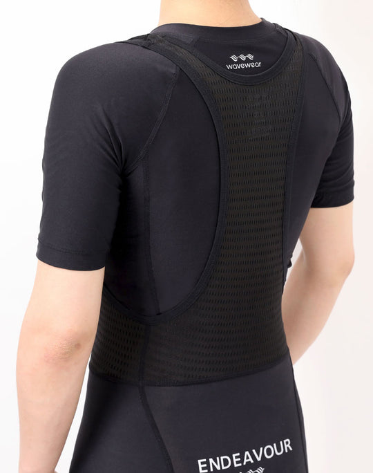 WaveWear black mesh cycling bib with kinesiology tape cycling gear for enhanced support