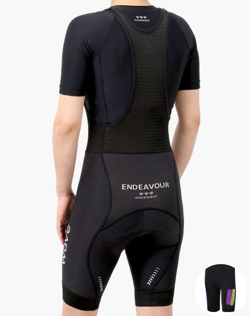 WaveWear Women's Endeavor Cycling Bibshorts back view showing mesh bib straps, Endeavour logo, and kinesiology thigh taping inset
