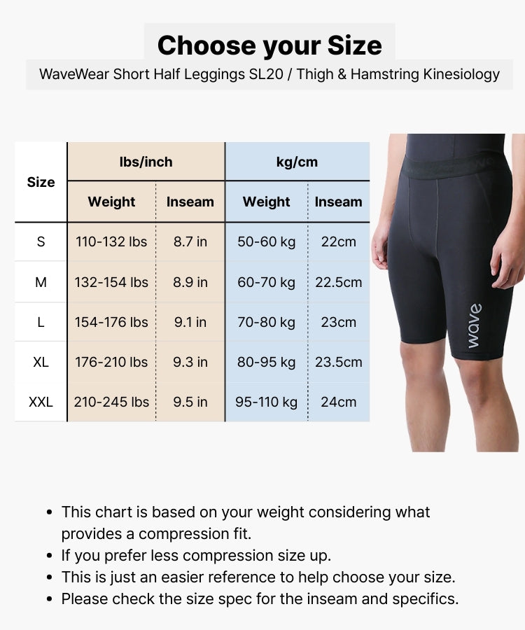 Size chart for WaveWear Short Half Leggings SL20 with a person wearing the leggings.