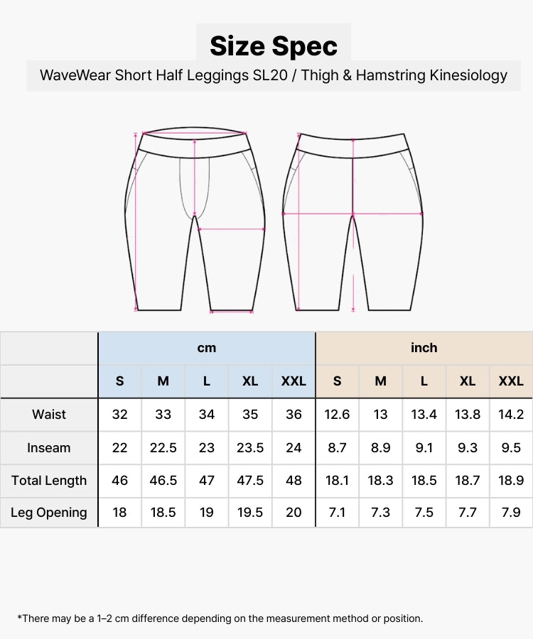 Size specification chart for WaveWear Short Half Leggings SL20 with measurements in cm and inch.