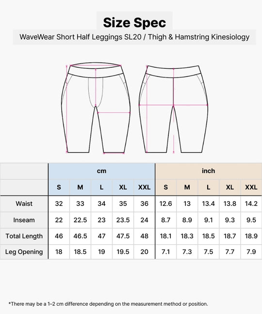 Size specification chart for WaveWear Short Half Leggings SL20 with measurements in cm and inch.