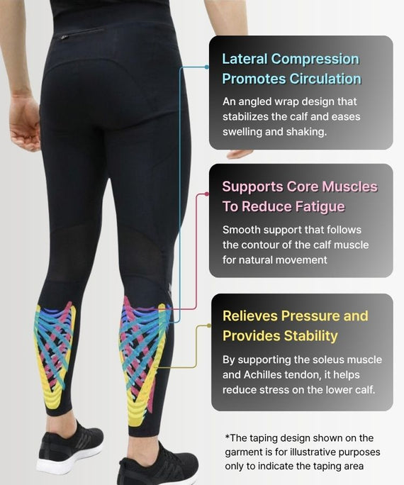 Black compression leggings L30 with colorful kinesiology design on the calf, featuring text about their benefits.