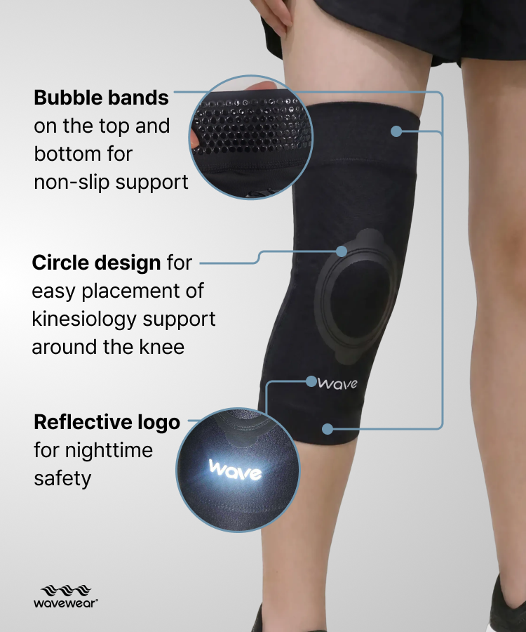 Schwarze K2 Kniebandage, Vorderseite mit Merkmalen: Bubble-Bänder, rundes Kinesiologie-Design und reflektierendes Logo