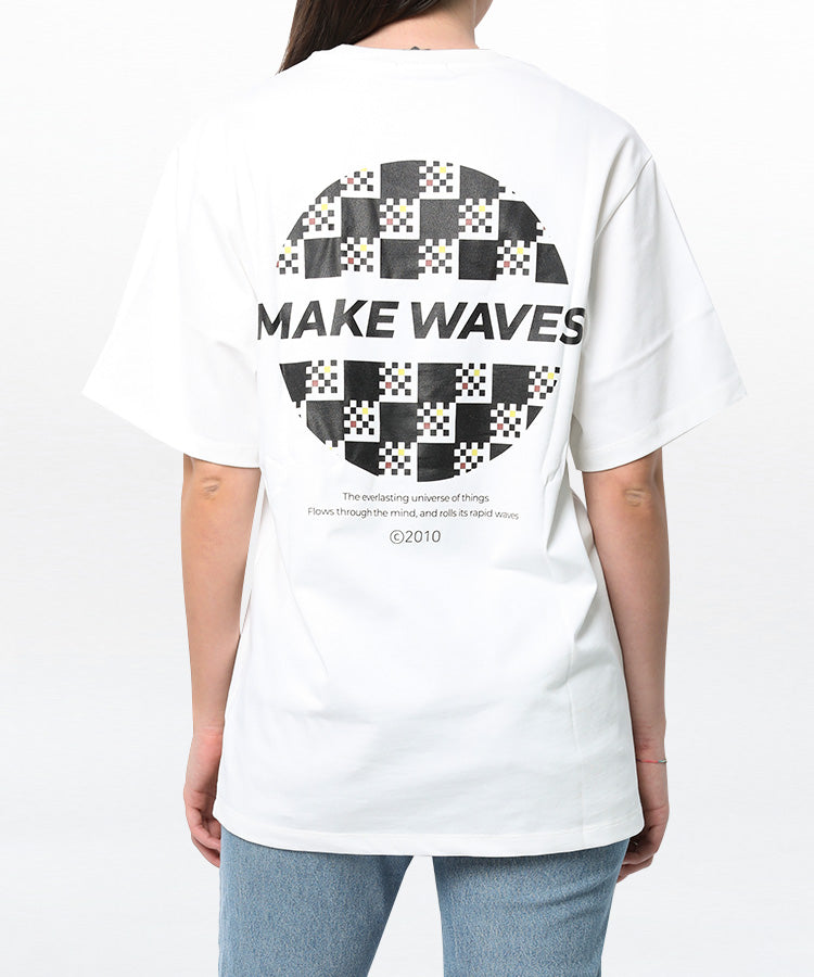 WaveWear white comfortable sports tee for men with black checkered make waves graphic on back