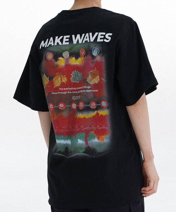 WaveWear men's athletic graphic t-shirt black short sleeve with colorful Make Waves design on back