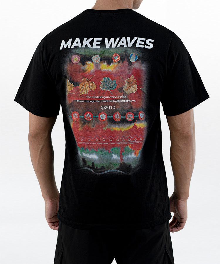 WaveWear men's athletic graphic t-shirt in black with colorful back print and Make Waves text