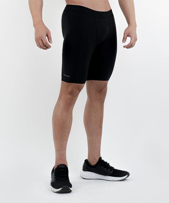 WaveWear Men's Flex-Support Compression Shorts SL1 front view in black showing athletic fit and WaveWear branding