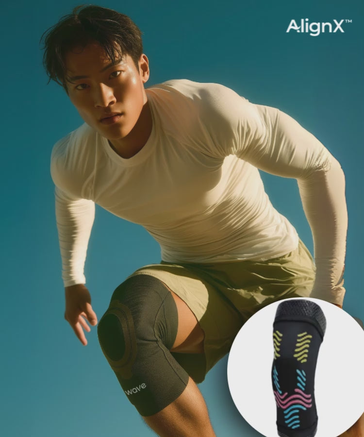 Athletic man wearing WaveWear Knee Kinesiology Sleeve, staring into the camera. Animated motion of the kinesiology design on knee sleeve in a mannequin style is rotating in the corner. 