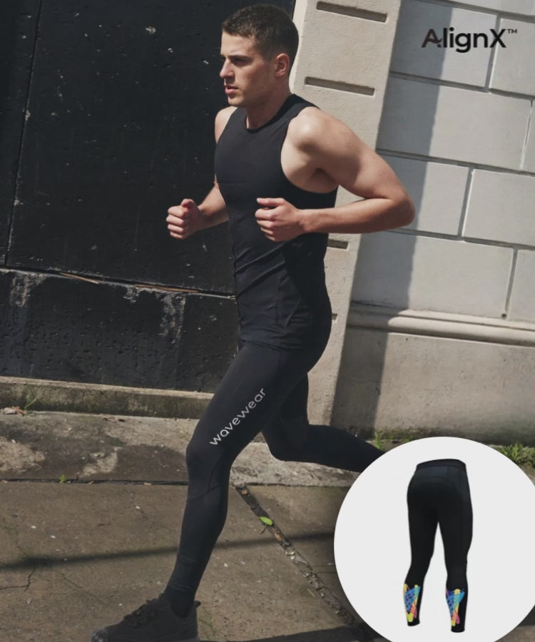 Man is running in the city wearing WaveWear L30 Leggings. In the lower right corner there is a 360 view of the leggings with the knee and calf kinesiology taping.