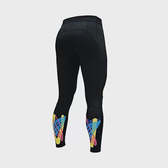 L30 Zipper Pocket Compression Leggings 360-degree rotation video showing colorful kinesiology taping zones on knee and calf