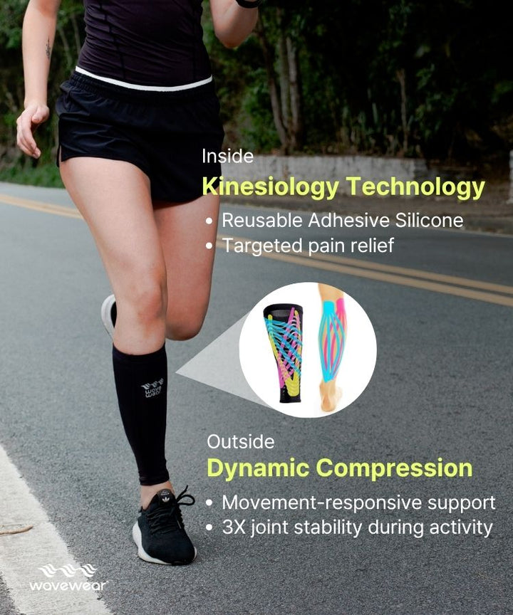 WaveWear calf compression sleeves for recovery with kinesiological technology and dynamic compression support