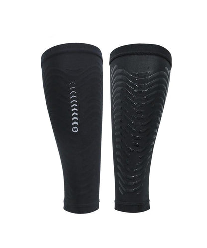 WaveWear C2 Calf Recovery Kinesiology Compression Sleeves pair flat lay in black showing front chevron arrows and back textured pattern