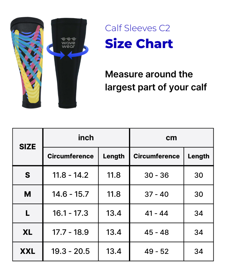 WaveWear Size Chart for Calf Compression Sleeves for recovery with measurements in inches and centimeters