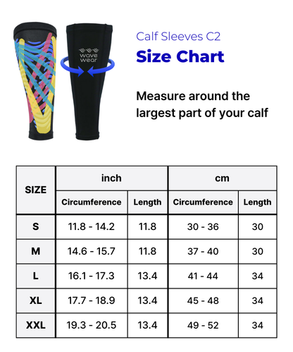WaveWear C2 Calf Recovery Kinesiology Compression Sleeves size chart with circumference and length measurements for sizes S through XXL in inches and centimeters