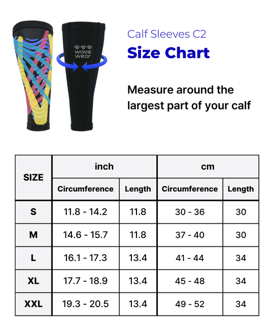 WaveWear C2 Calf Recovery Kinesiology Compression Sleeves size chart with circumference and length measurements for sizes S through XXL in inches and centimeters