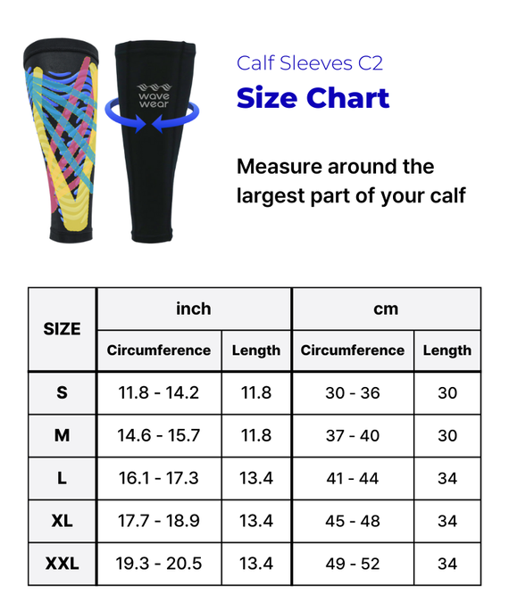 WaveWear Size Chart for Calf Compression Sleeves for recovery with measurements in inches and centimeters