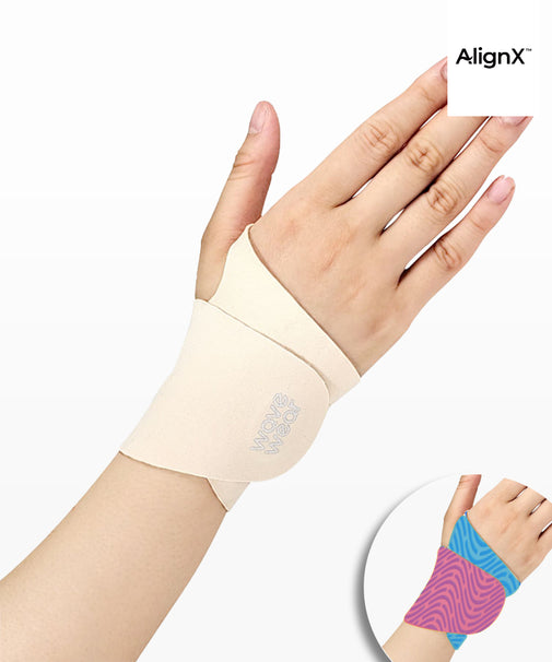 WaveWear wrist kinesiology support wrap in beige on hand providing flexible wrist support