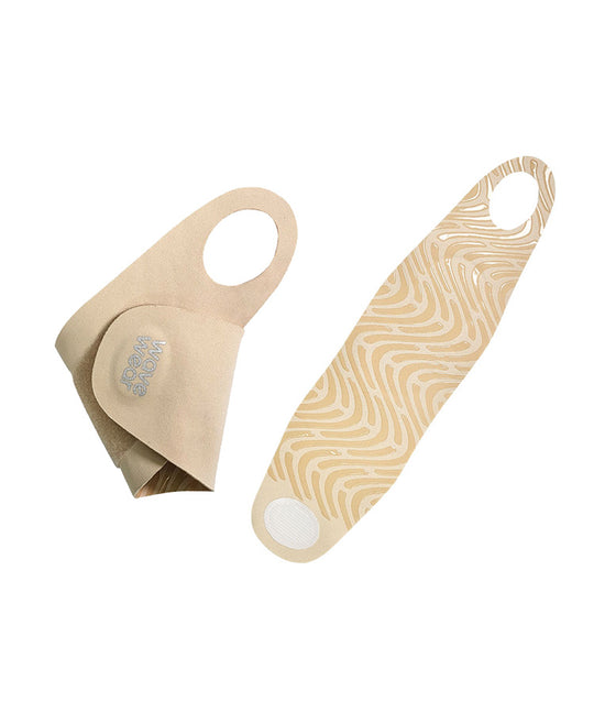 Beige H1 wrist wrap flat lay showing both sides with thumb hole and kinesiology wave pattern