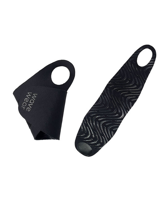 Black H1 wrist wrap flat lay showing both sides with thumb hole and kinesiology wave pattern