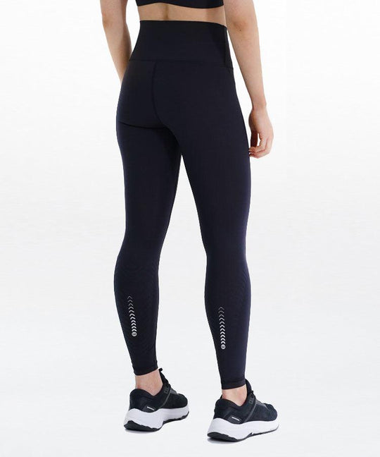 WaveWear Y20 Classic Knee and Calf Recovery Tape Compression Leggings back view on model in black showing reflective calf taping pattern and high waist fit