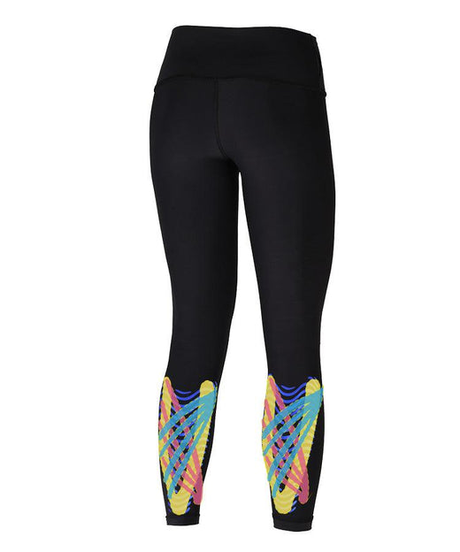 WaveWear Y20 Classic Knee and Calf Recovery Tape Compression Leggings flat lay back view showing colorful kinesiology taping design on calves in black