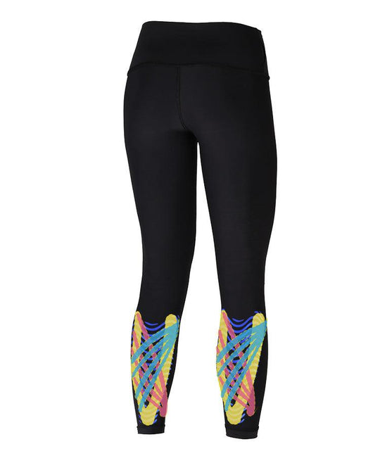 WaveWear Y20 Classic Knee and Calf Recovery Tape Compression Leggings flat lay back view showing colorful kinesiology taping design on calves in black