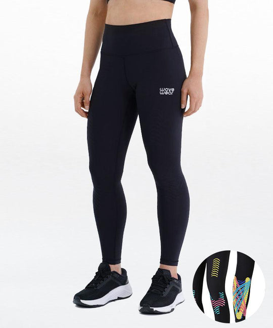 WaveWear Y20 Classic Knee and Calf Recovery Tape Compression Leggings front view on model in black with high waist fit and colorful kinesiology taping zone product inset