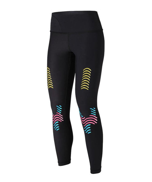WaveWear Y20 Classic Knee and Calf Recovery Tape Compression Leggings flat lay showing colorful kinesiology taping zones on knees and calves in black
