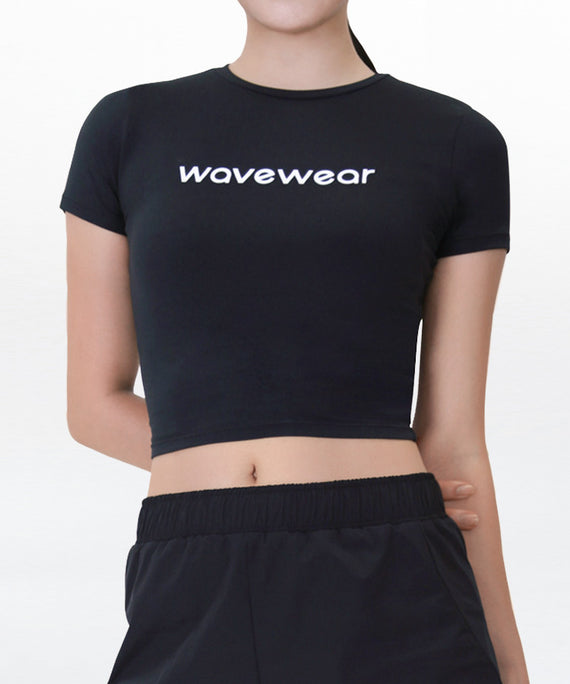 WaveWear black compression crop top for women with short sleeves and logo print