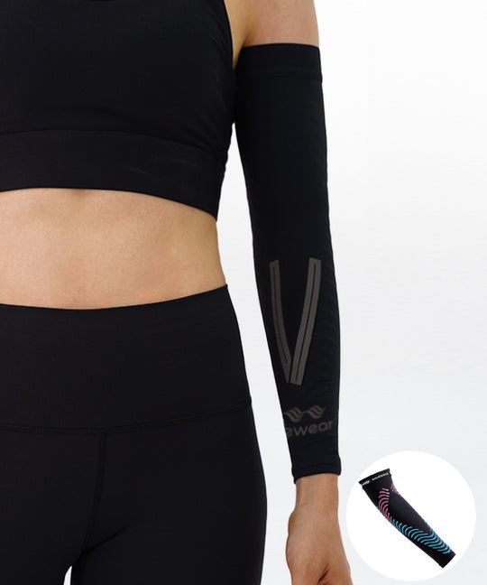 Black F1 forearm sleeve side view on female model, colorful variant inset