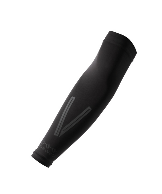 Black F1 forearm sleeve product shot showing V-stripe elbow detail and silicone grip band