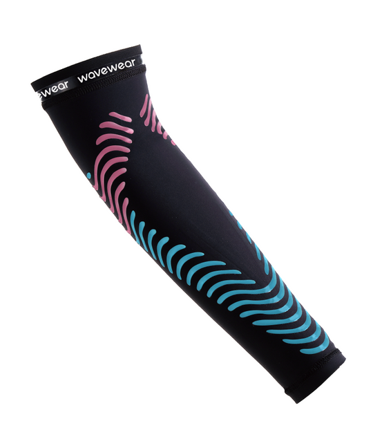 F1 forearm sleeve colorful variant with pink and cyan kinesiology wave pattern