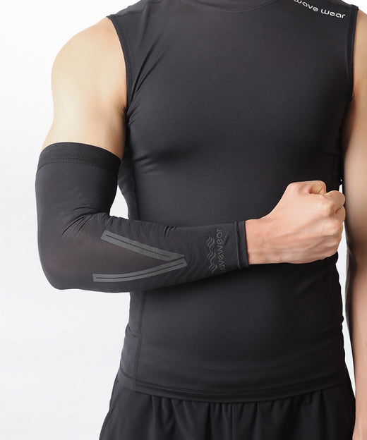 Black F1 forearm sleeve on bent arm showing full elbow-to-wrist coverage, front view
