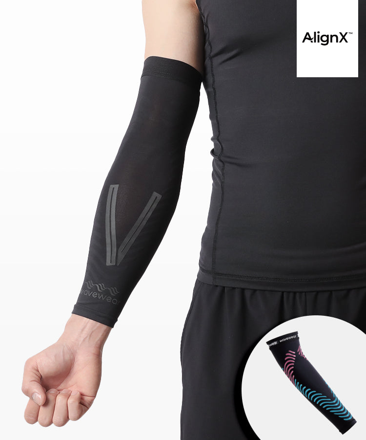 Black F1 forearm compression sleeve worn on arm, AlignX branding with colorful variant inset
