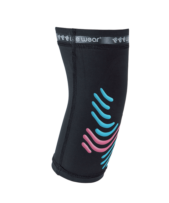 Black E2 elbow sleeve product shot showing cyan and pink kinesiology wave pattern