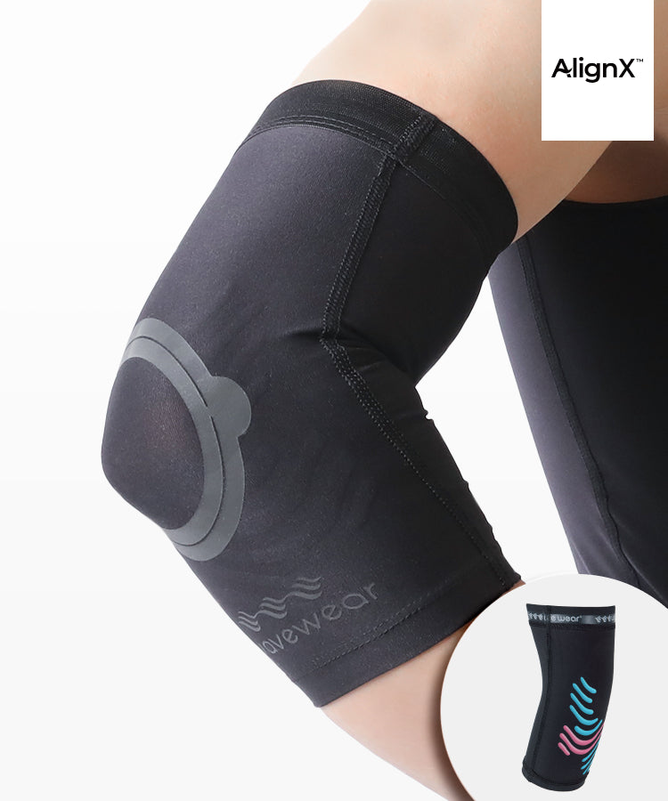 Schwarze E2 Ellenbogen-Kompressionsbandage am Arm mit Silikon-Griffpads, farbige Variante im Beibild