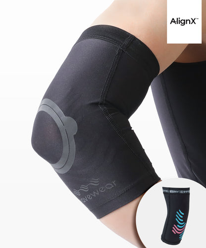 Schwarze E2 Ellenbogen-Kompressionsbandage am Arm mit Silikon-Griffpads, farbige Variante im Beibild