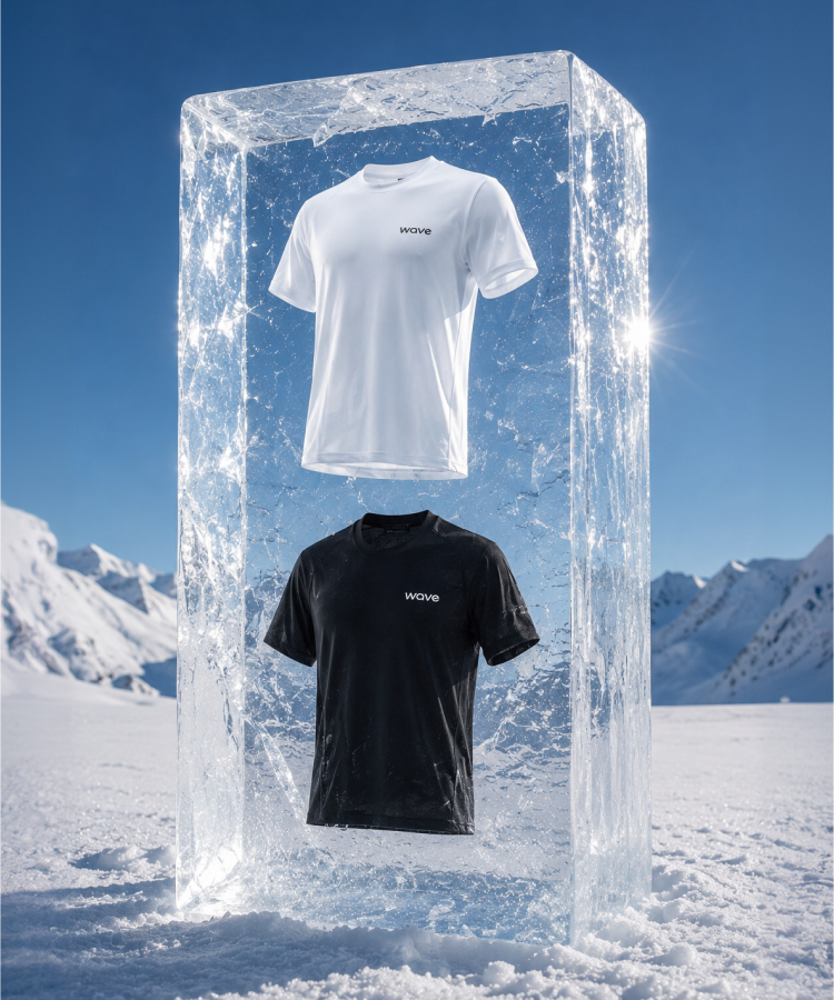 FROST Cooling T-Shirt in white and black displayed inside a block of ice on a snowy mountain