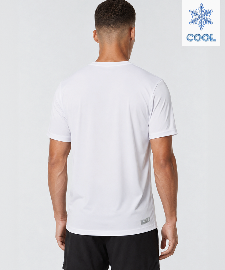 Model wearing the white FROST Cooling T-Shirt, back view