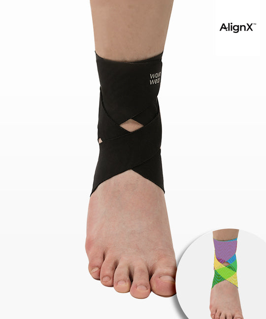 Black A1 ankle X-strap supporter front view on foot showing cross-wrap pattern, colorful variant inset