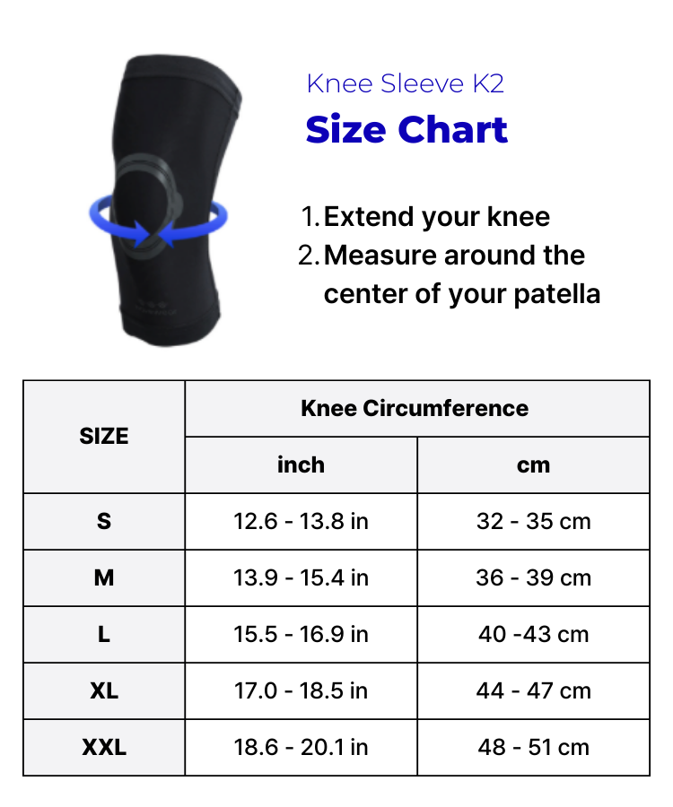 WaveWear knee compression sleeve for stability size chart showing measurements in inches and centimeters