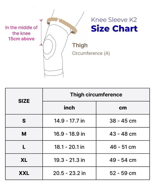 K2 knee sleeve size chart showing thigh circumference for sizes S through XXL