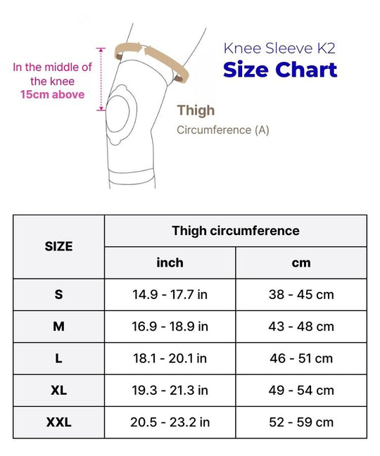 K2 knee sleeve size chart showing thigh circumference for sizes S through XXL