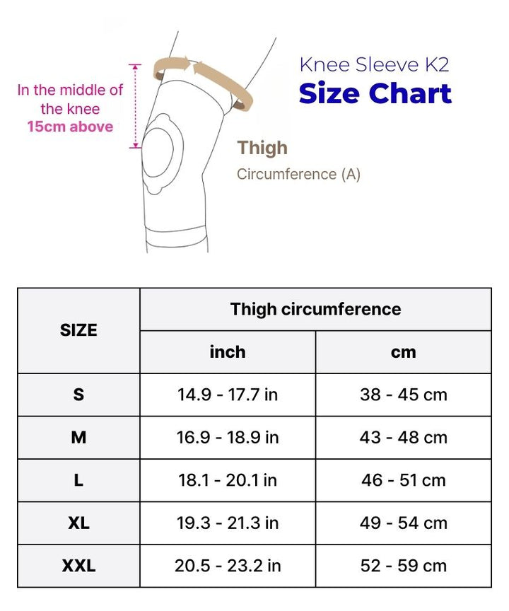 WaveWear knee compression sleeve for stability with size chart for optimal fit and support
