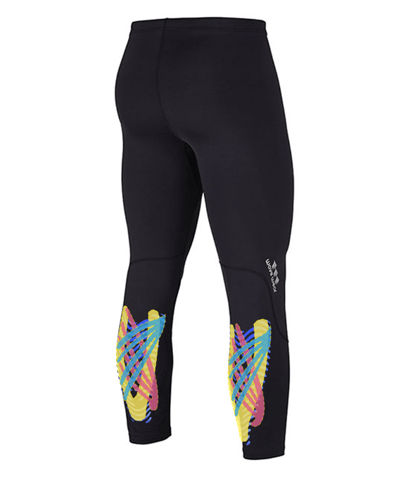 WaveWear black leggings with colorful leg compression sleeves for runners printed on lower legs