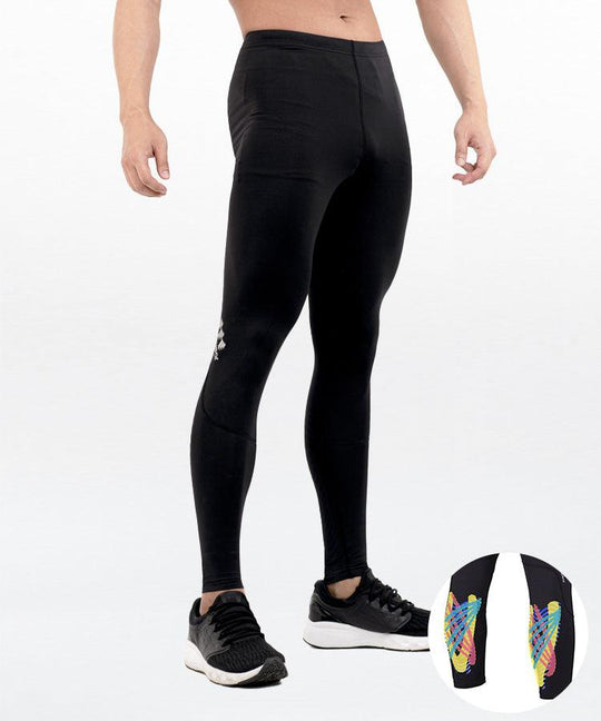WaveWear Calf Kinesiology Compression Leggings L10 front view on model in black with colorful AlignX calf taping zone inset