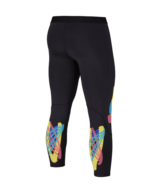 WaveWear L20 Hetite leggings flat lay showing colorful kinesiology graphic design on knee and calf support zones