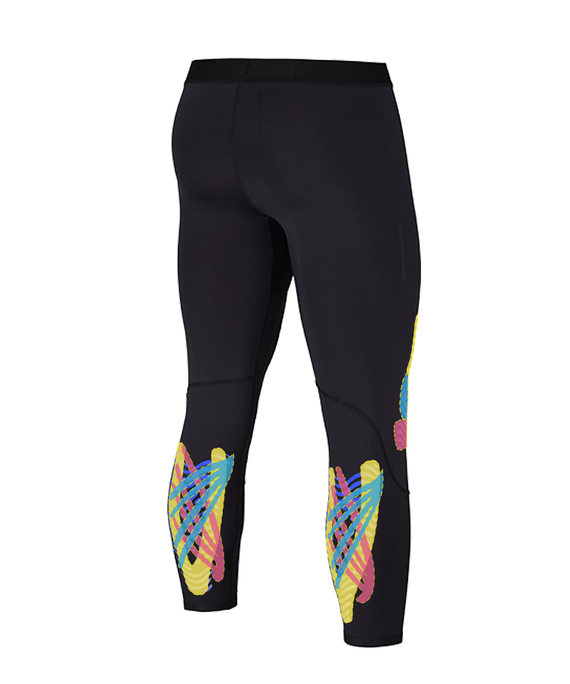 WaveWear men's compression leggings for running with colorful abstract design on black fabric
