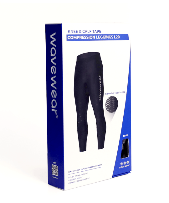 WaveWear L20 Knee and Calf Tape Compression Leggings retail packaging box front with adhesive tape detail
